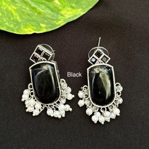 Stone Studs, Silver Finish with Pearl drops, Black