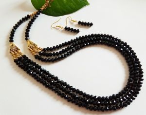 Glass Crystal Necklace, 3 Rows, Black