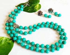 Agate Necklace, Double strand, Bluish Green