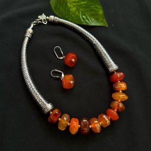 Agate Rondelle With German Silver Trunks Necklace, Orange