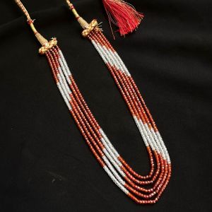 5 Layer Cz Stone Bead Necklace, White And Brick Red