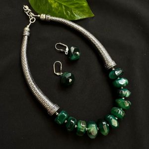 Agate Rondelle With German Silver Trunks Necklace, Green