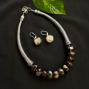 Agate Rondelle With German Silver Trunks Necklace, Dark Brown