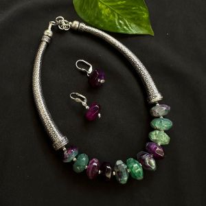 Agate Rondelle With German Silver Trunks Necklace, Greenish Purple