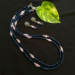 2 Layer Dark Blue Agate Necklace With Pink Monolisa Beads
