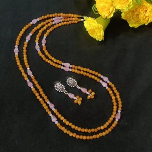 2 Layer Mustard Yellow Agate Necklace With Pink Monolisa Beads