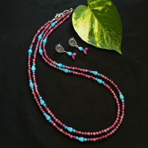 2 Layer Ruby Pink Agate Necklace With Sky Blue Monolisa Beads