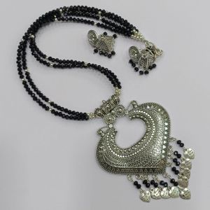 Two Layer Black Crystal Necklace With German Silver (Heart) Pendant