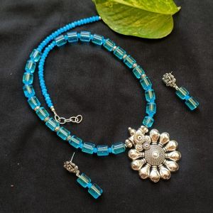 Light Blue Glass Cylinder Beads Necklace With Oxidised Silver (Flower) Pendant
