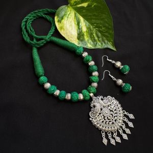 Green Cotton Thread Beads Necklace With Oxidised Silver Pendant