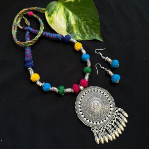 Multicolor Cotton Thread Beads Necklace With Oxidised Silver Round Pendant