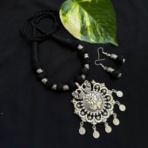 Black Cotton Thread Beads Necklace with Oxidised Silver Peacock Pendant