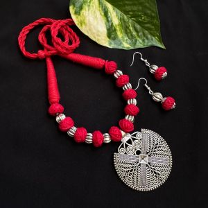 Cotton Thread Beads Necklace With Oxidised Silver Pendant