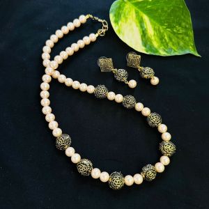 Glass Pearl Necklace With Oxidised Gold Spacers