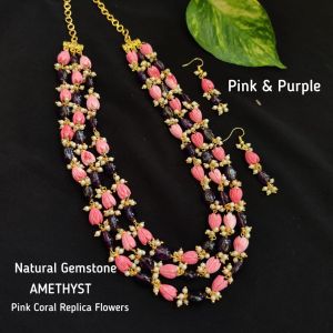 3 Layer Natural Gemstone Amethyst And Pink Coral Replica Flower