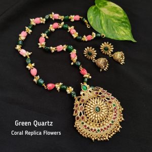 Coral Replica Flowers And Green Quartz Necklace With Matt Finish Pendant