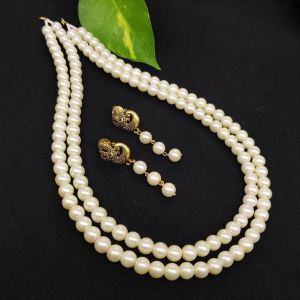 Double Layer Glass Pearl Necklace With Matching Earrings