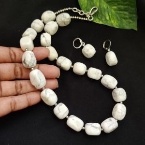 Natural Stone Tumble Necklace With Earrings, Howlite White