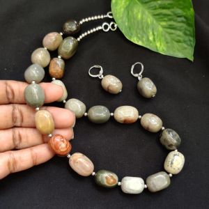 Natural Stone Tumble Necklace With Earrings, Agate Multicolor