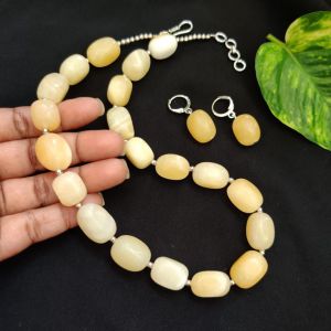 Natural Stone Tumble Necklace With Earrings, Jade Yellow