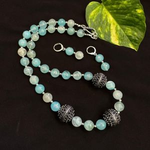 Onyx Beads Necklace With German Silver Spacers, Light Blue