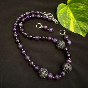 Onyx Beads Necklace With German Silver Spacers, Purple