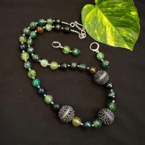 Onyx Beads Necklace With German Silver Spacers, Greenish Blue