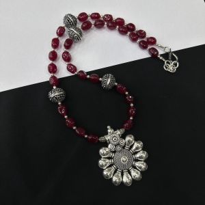 Maroon Quartz Necklace With Oxidised Silver Pendant