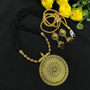 Black Seed Beads Necklace With Oxidised Gold Pendant