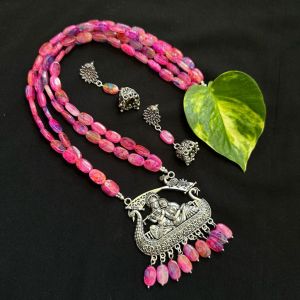 Double Layer Flat Oval Glass Beads Necklace With Radha Krishna Pendant, Pink