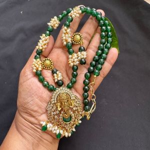 Victorian Ganesh Pendant With Agate Beads And Pearl Loreals, Dark Green