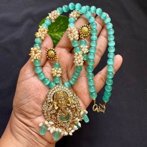 Victorian Ganesh Pendant With Monolisa Beads And Pearl Loreals, Sea Green
