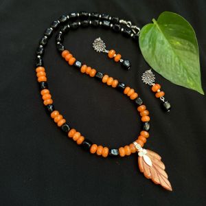 Onyx Carving Leaf Pendant With Agate Beads, Black And Orange
