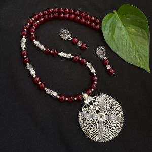 Maroon Glass Beads Necklace With Oxidised Silver Pendant