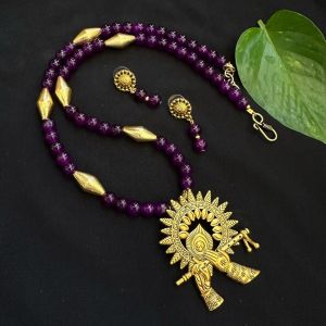 Purple Glass Beads Necklace With Oxidised Gold Pendant