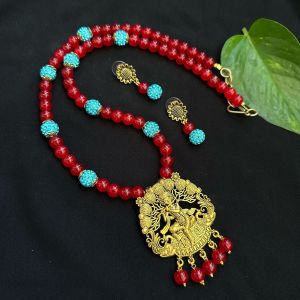 Red Glass Beads Necklace With Oxidised Gold Krishna Pendant