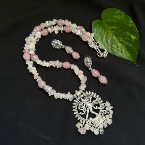 Gemstone Chip Necklace (Rose Quartz) With Nataraja Pendant