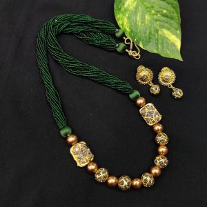Seed Beads Necklace With Designer Beads, Dark Green