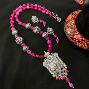Natural Square Agate Necklace With Oxidised Silver Pendant, Pink