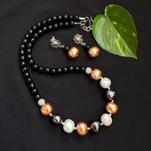 Multicolor Shell Pearl Necklace With Black Agate And Cz Stone Balls 