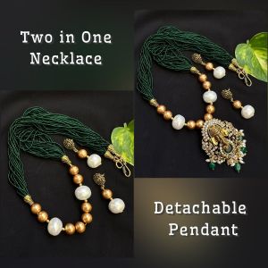 Two In One Necklace: Pendant Is Detachable: Victorian Ganesh Pendant With Shell Pearls And Green Seed Beads