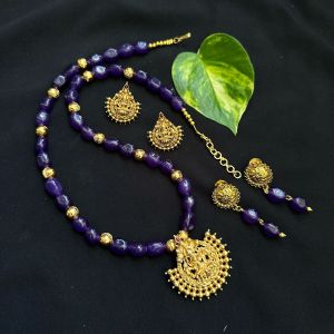 Matt Finish Lakshmi Pendant With Dark Violet Quartz Beads With 2 Pairs Of Earrings