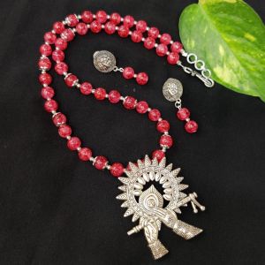 Printed Glass Beads Necklace With Krishna Flute Pendant, Reddish Pink
