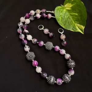 Onyx Beads Necklace With German Silver Spacers, Purple And Black