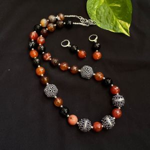 Onyx Beads Necklace With German Silver Spacers, Brown