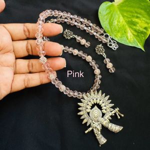 Light Pink Crystal Necklace With Oxidised Silver Metal Pendant With Rhinestone Balls 