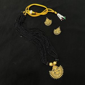 Black Seed Beads Necklace with Matt Finish Lakshmi Pendant