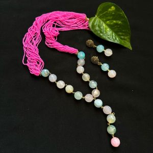 Pink Seed Beads Necklace With Onyx Beads