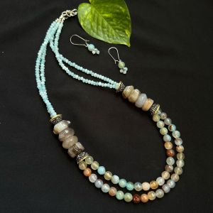 Onyx Necklace With Designer Caps, Light Blue