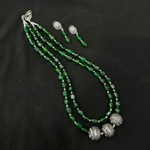 2 Layer Quartz With German Silver Beads, Green